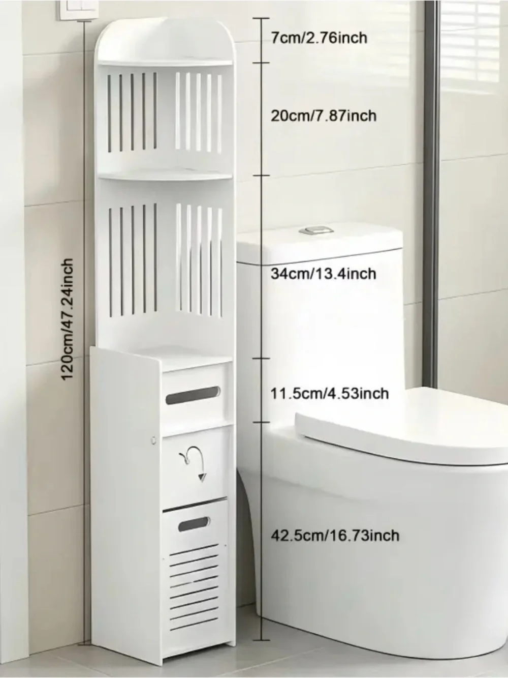 Slim White Bathroom Storage Tower with Shelves and Drawer - White